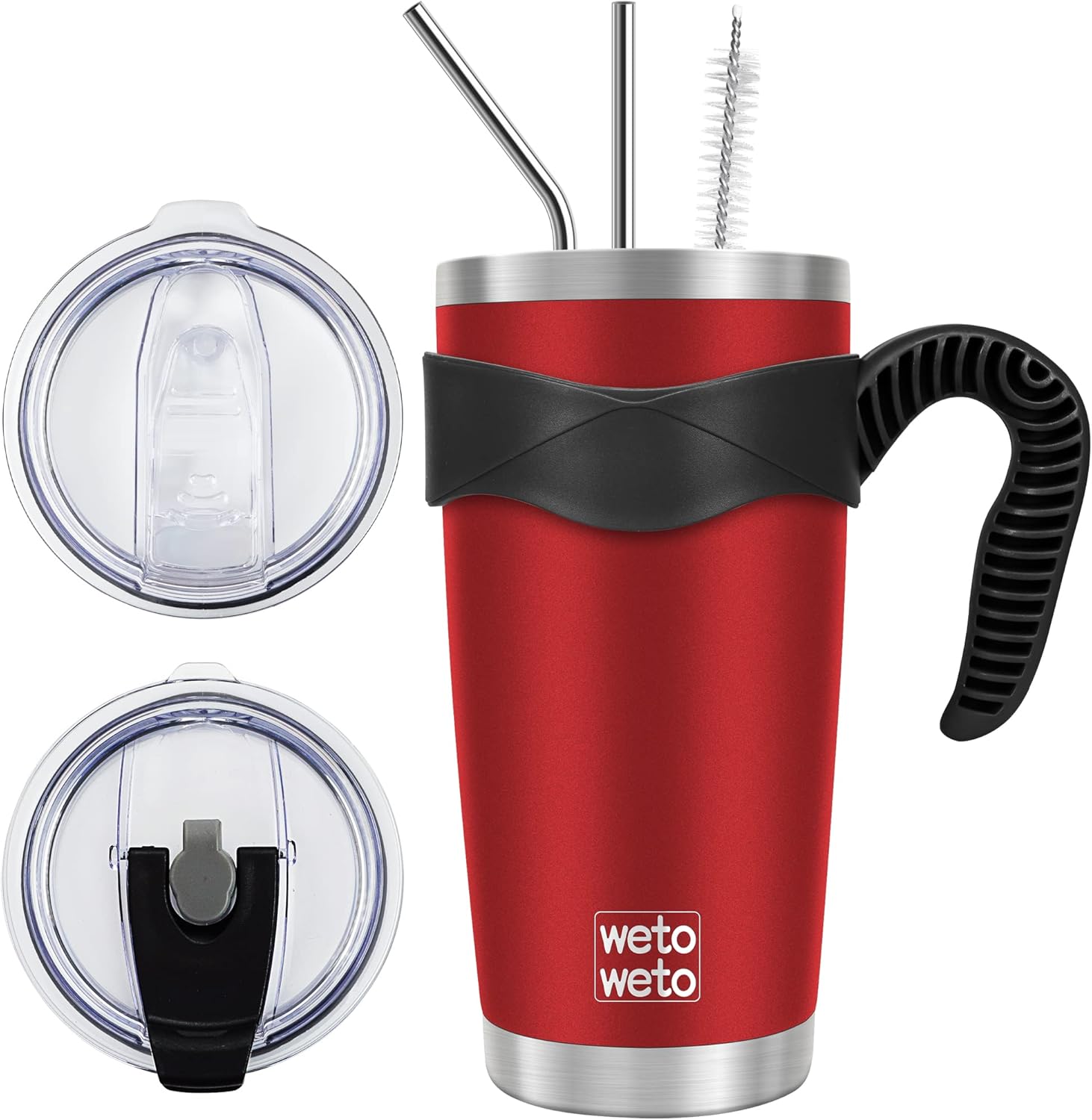 WETOWETO 20oz Tumbler with 2 lids and 2 straws. Double Wall Powder Coated Leak-proof Travel Mug (Red. 1 Pack)
