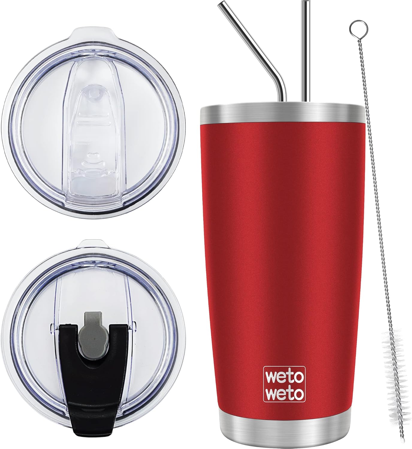 WETOWETO 20oz Tumbler with 2 lids and 2 straws. Double Wall Powder Coated Leak-proof Travel Mug (Red. 1 Pack)