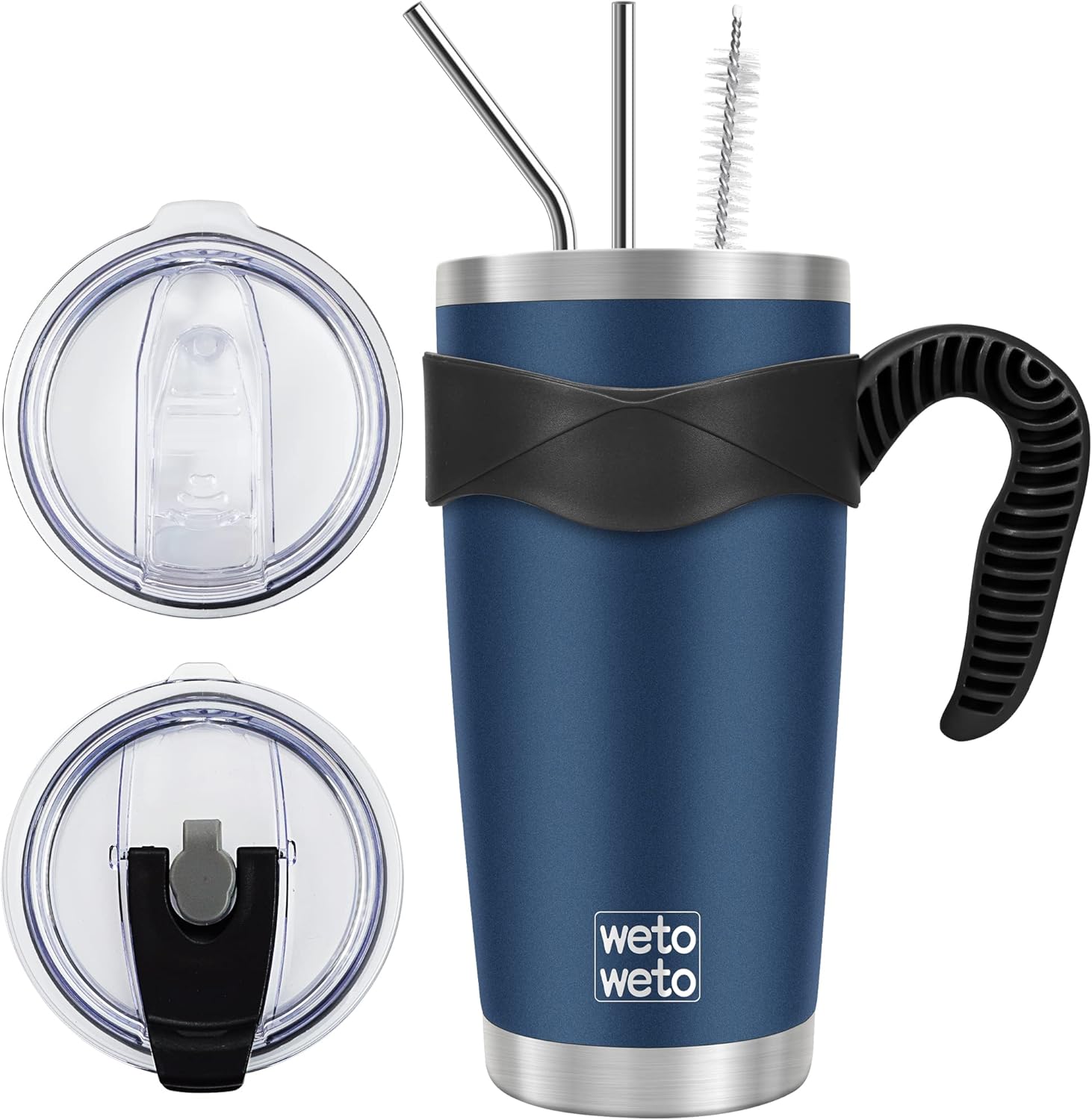 WETOWETO 20oz Tumbler with 2 lids and 2 straws. with Handle. (Navy Blue. 1 Pack)